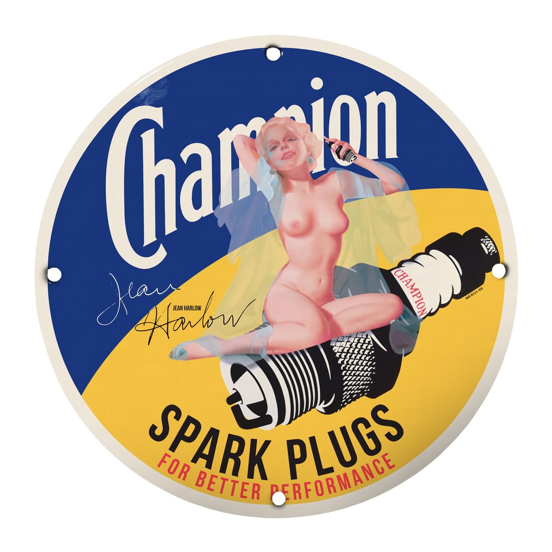 Classic Champion Spark Plugs Porcelain Sign with Pinup Girl Artwork: Elevate your collection with this striking 12-inch round porcelain sign featuring vintage pinup art from the iconic era of Americana. This piece showcases the allure of 1930s beauty through a stunning