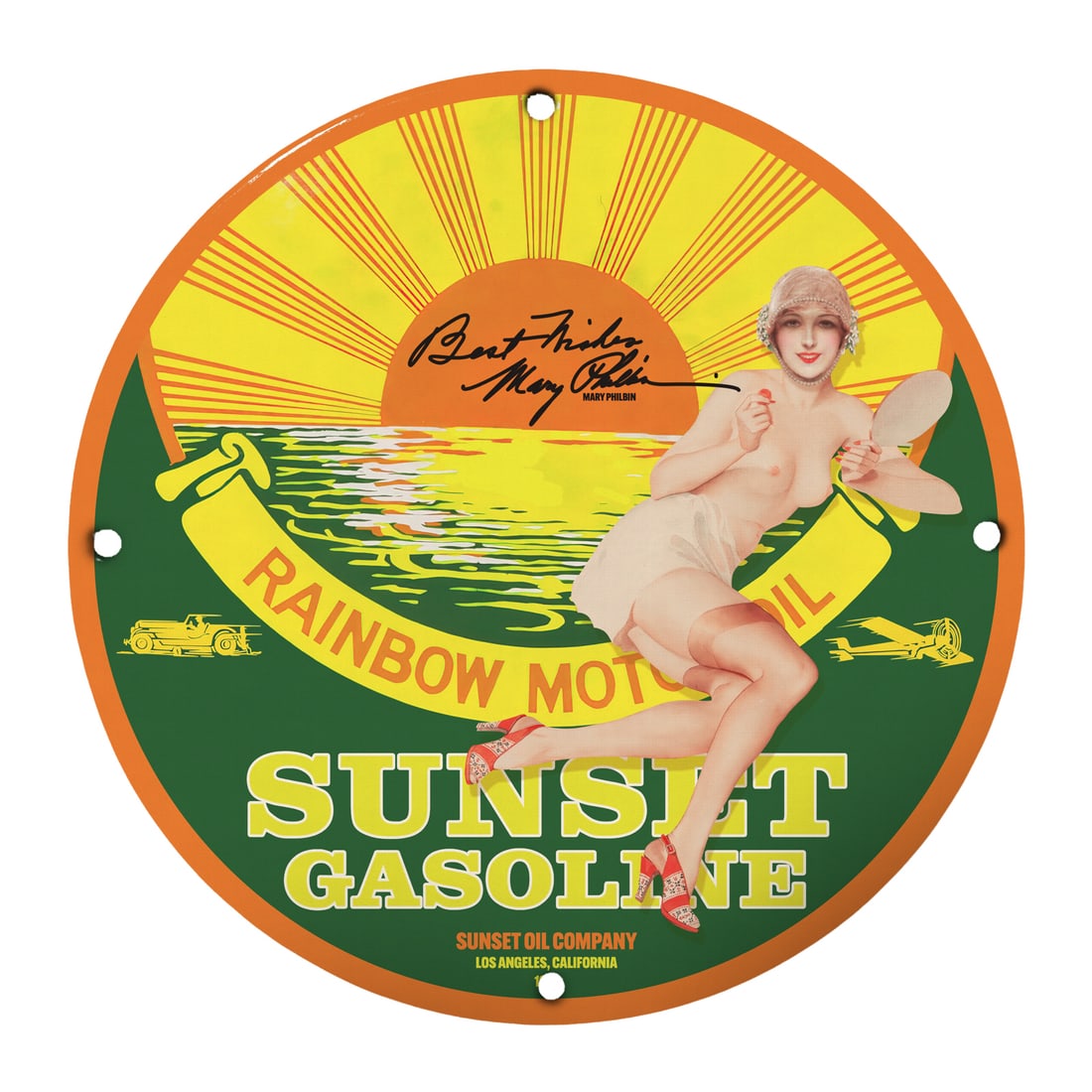 Vintage 12" Porcelain Pinup Girl Sign - Sunset Gasoline with Rainbow Mot Oil: Step back in time with this stunning vintage 12-inch round porcelain sign featuring a classic pinup girl. Captivating and full of nostalgia, this delightful piece showcases the artwork of the talented