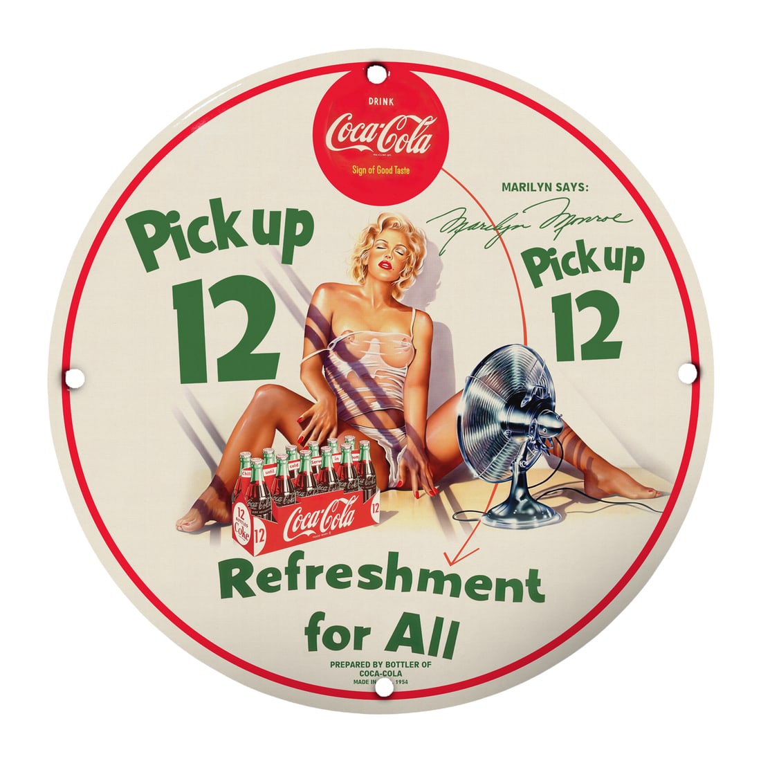 Vintage Coca-Cola Pinup Girl Porcelain Sign - Refreshing Charm for Collectors: Indulge in the timeless allure of this exquisite 12-inch round porcelain pinup girl model sign, featuring the iconic Marilyn Monroe promoting Coca-Cola's refreshing essence. Perfect for collectors and
