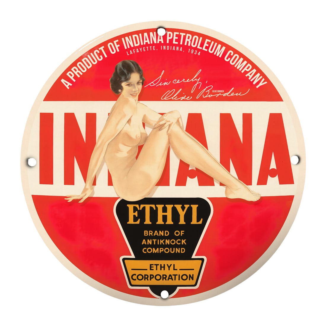 Vintage 1934 Indiana Ethyl Gasoline Pinup Girl Porcelain Sign - Classic Americana: Embrace a piece of history with this stunning 12-inch round porcelain sign featuring a captivating pinup girl design. This vintage-inspired collectible hails from the Indiana Petroleum Company, captur