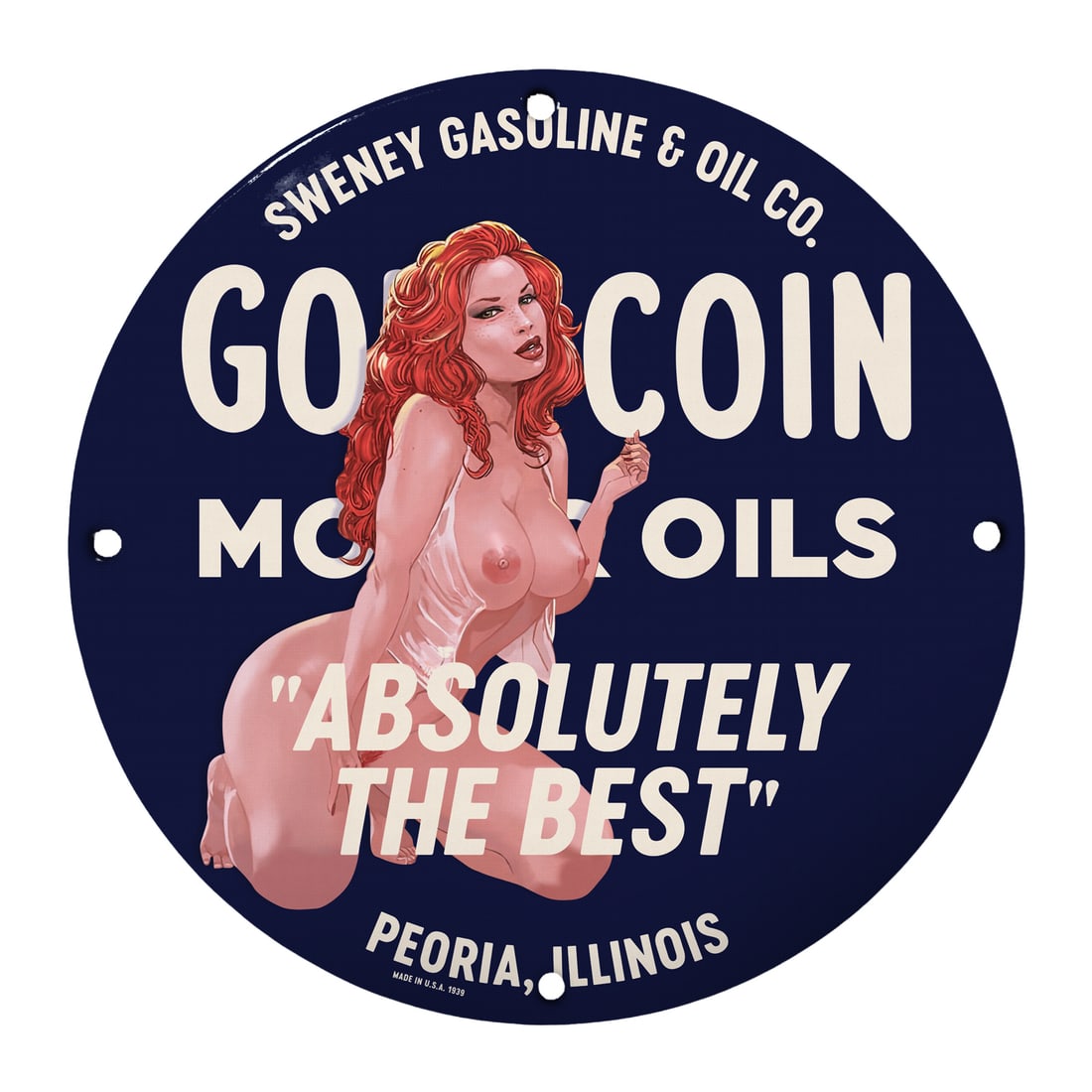 Vintage Pinup Girl Porcelain Sign: Go Coin Motor Oils - Retro Gas Station Decor: Discover a unique piece of nostalgia with this exquisite 12-inch round porcelain sign featuring a captivating pinup girl design. A blend of vintage Americana and marketing brilliance, this Go Coin Mot