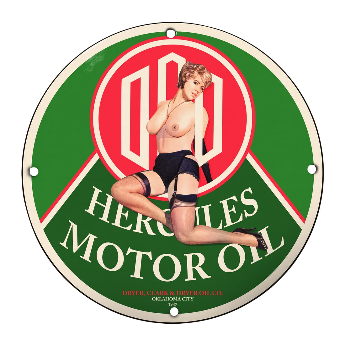 Vintage 1937 Hercules Motor Oil Pinup Porcelain Sign - Retro Garage Decor: Discover a unique piece of Americana with this stunning 12" round porcelain pinup girl model sign featuring the retro charm of 1937 Hercules Motor Oil. Perfect for collectors or as an eye-catching ele