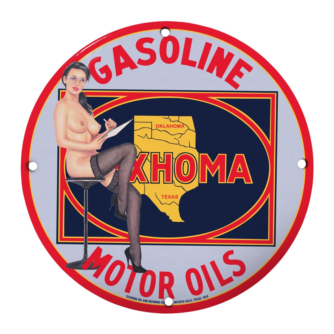 Vintage Pin-Up Gasoline Sign - Retro Porcelain Model Art: Discover a striking piece of Americana with this 12-inch round porcelain pin-up girl model sign. Featuring a captivating pin-up girl artfully posed against a backdrop of the iconic 'KHOMA Motor Oils' 