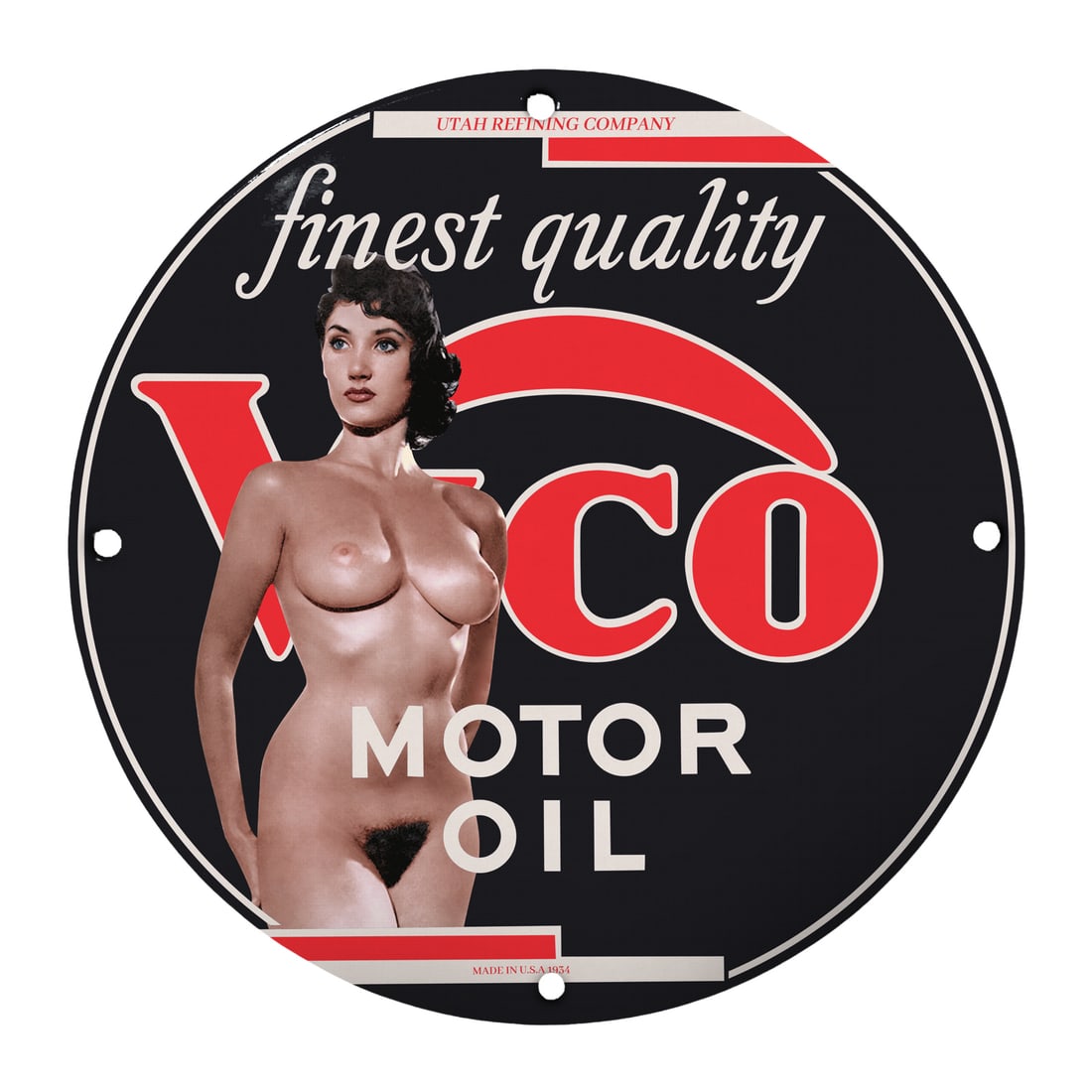 Vintage Vico Motor Oil 12-Inch Round Porcelain Pinup Girl Sign: Introducing the exquisite Vintage Vico Motor Oil 12-Inch Round Porcelain Pinup Girl Sign, a stunning collector's item that captures the allure of retro advertising. Made from high-quality porcelain, t