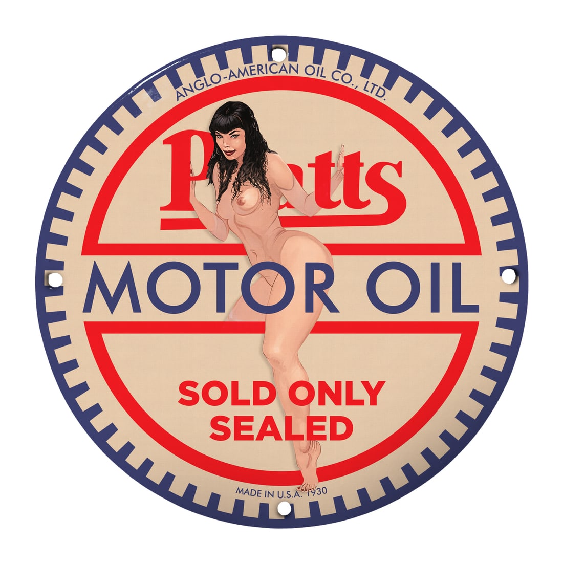 Vintage 12" Porcelain Pinup Girl Motor Oil Sign - Retro Automotive Decor: Discover the allure of classic Americana with this exquisite 12-inch round porcelain motor oil sign featuring a stunning pinup girl design. Crafted from high-quality porcelain, this unique piece encap