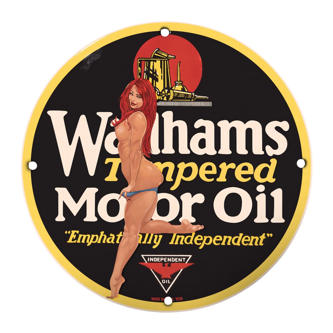 Vintage 12" Vintage Porcelain Pinup Girl Sign - Waltham's Motor Oil Beauty: Discover the charm and nostalgia of classic Americana with this captivating 12-inch round porcelain pinup girl model sign featuring Waltham's Tempered Motor Oil. This exquisite piece of vintage signag