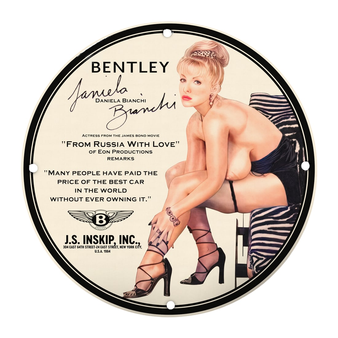 Vintage Pin-Up Girl Bentley Model Sign - From Russia With Love: Indulge in a piece of cinematic and automotive history with the stunning 12-inch round porcelain pin-up girl model sign featuring the iconic Daniela Bianchi as seen in the classic James Bond film 'Fro