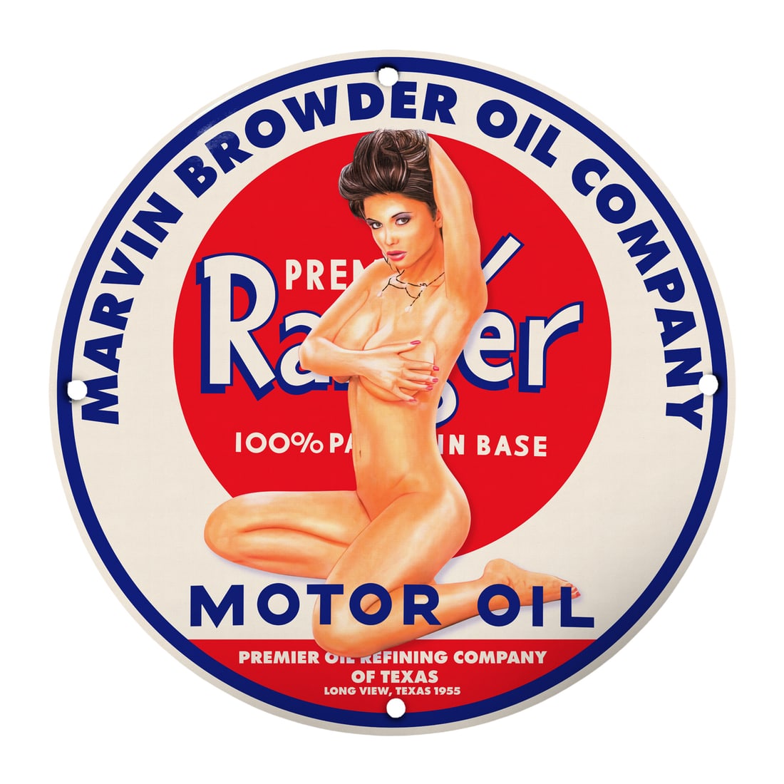 Vintage Marvin Browder Oil Pinup Girl Porcelain Sign - 12" Round Motor Oil Art: Discover a stunning piece of nostalgia with this 12-inch round porcelain sign featuring a captivating pinup girl, brought to life in vibrant colors and intricate details. Designed for the Marvin Browd