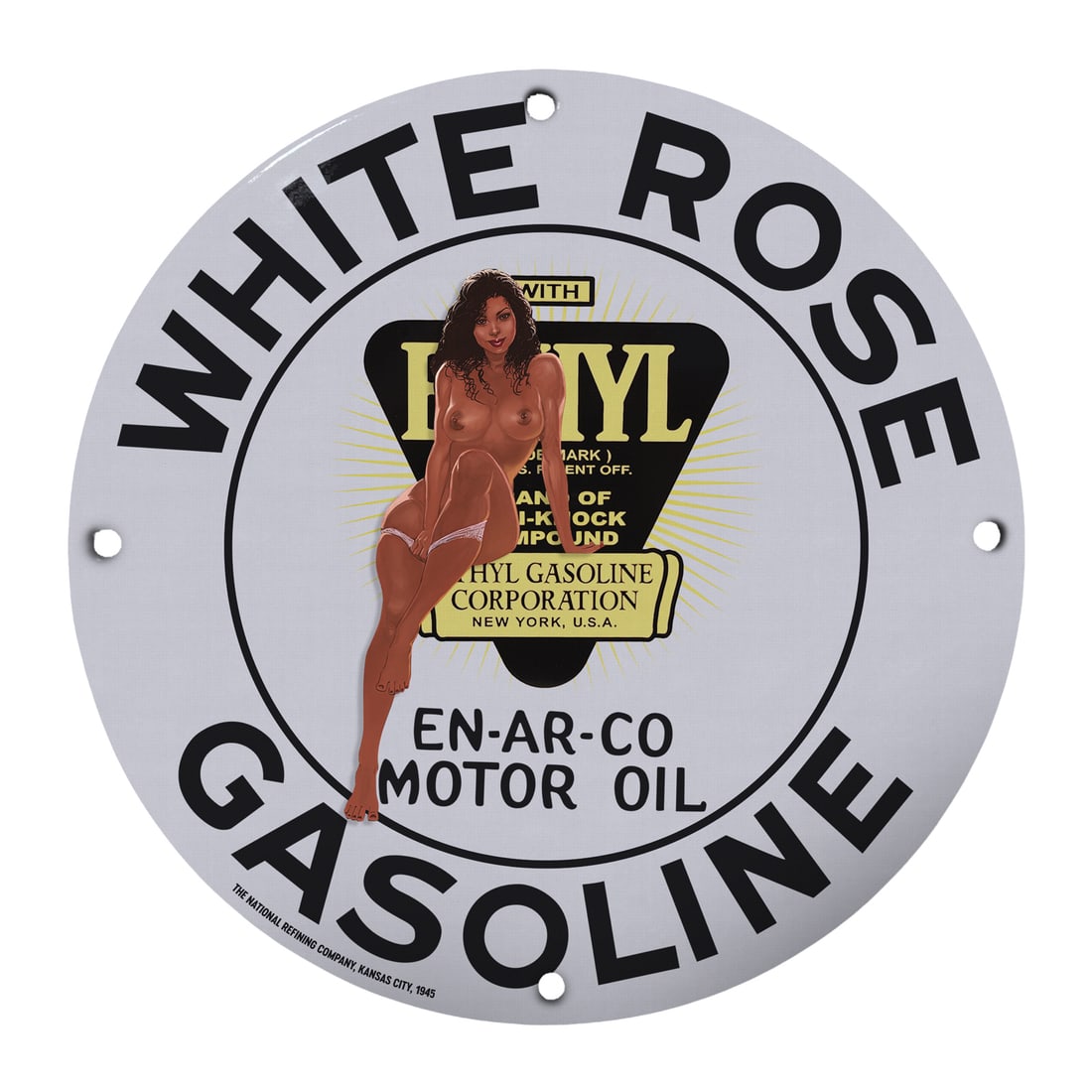 Vintage White Rose Gasoline Pinup Girl Porcelain Sign - Retro Garage Decor: Discover the allure of retro charm with our 12-inch round porcelain pinup girl model sign featuring the mesmerizing White Rose Gasoline design. This stunning piece captures the timeless beauty of pinu