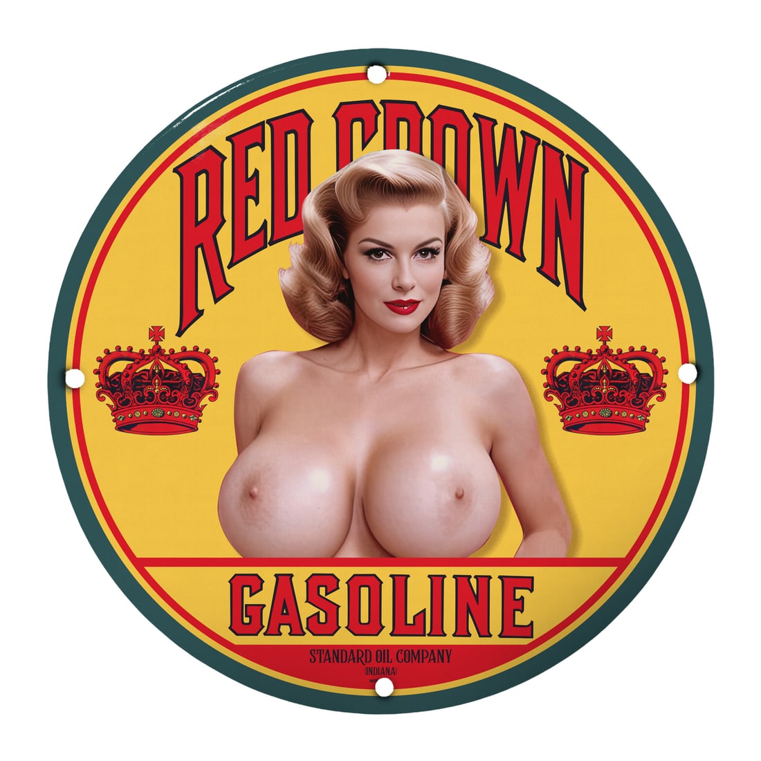 Vintage 12" Round Porcelain Pinup Girl Sign - Red Crown Gasoline Art: Explore the allure of vintage Americana with this stunning 12-inch round porcelain sign featuring a classic pinup girl design. This eye-catching sign pays homage to the golden age of gas stations, enc
