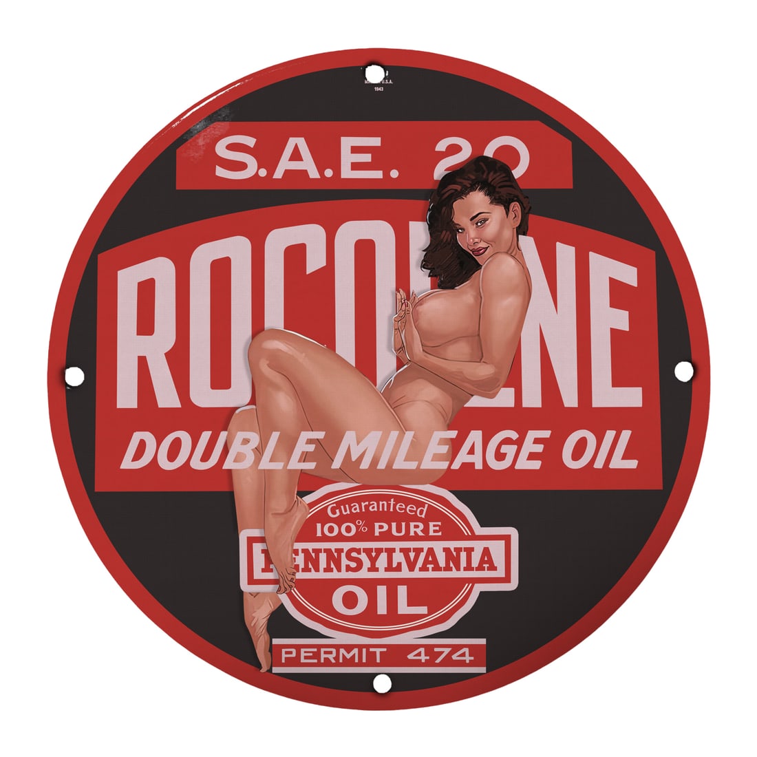 Vintage Rocoline Double Mileage Oil Pinup Girl Porcelain Sign ? Perfect for Collectors (1 of 1)