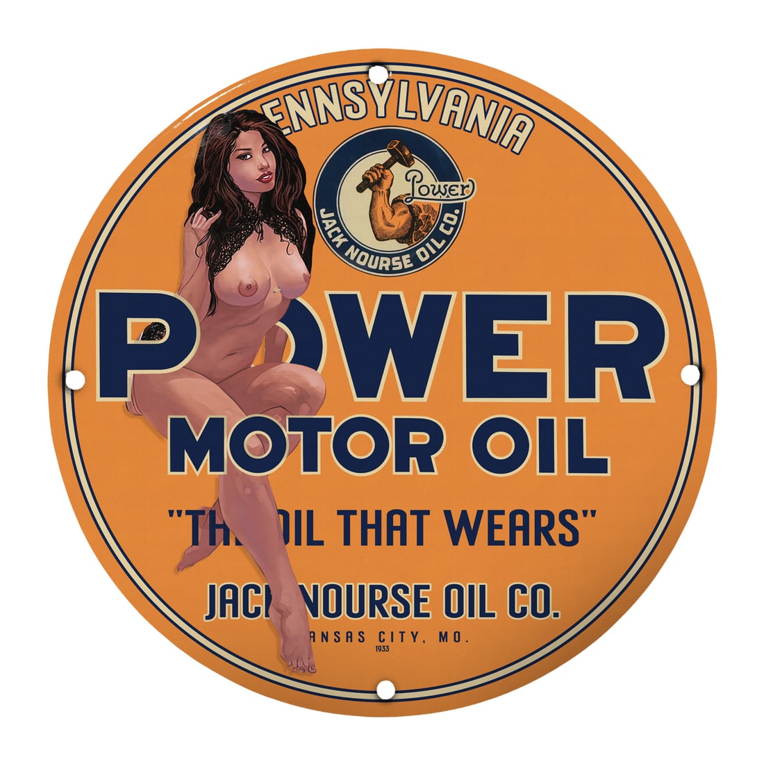 Vintage 12" Round Porcelain Pinup Girl Sign - Power Motor Oil Collectible Art: Step into a world of retro charm with this exquisite 12-inch round porcelain pinup girl sign featuring an iconic vintage design for Power Motor Oil. This collectible piece elegantly combines nostalgic