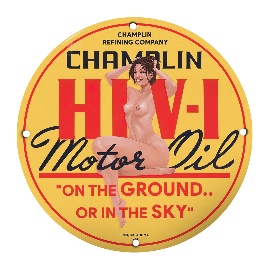 Vintage Champlin Motor Oil Pinup Girl Sign - Classic Aesthetic for Collectors: This stunning 12-inch round porcelain sign features a captivating pinup girl design for Champlin Motor Oil, a nostalgic piece that captures the essence of mid-20th century Americana. With vibrant colo