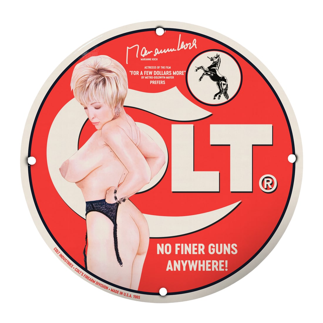 Vintage Colt Pinup Girl Sign ? Retro 12" Porcelain Advertising Art: Dive into the nostalgic world of vintage advertising with this stunning 12-inch round porcelain sign featuring a captivating pinup girl. Crafted with a blend of elegance and allure, this eye-catching 