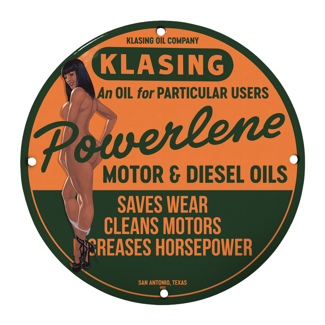 Vintage 12-Inch Round Pin-up Girl Porcelain Sign for Klasing Powerlene Oil (1 of 1)