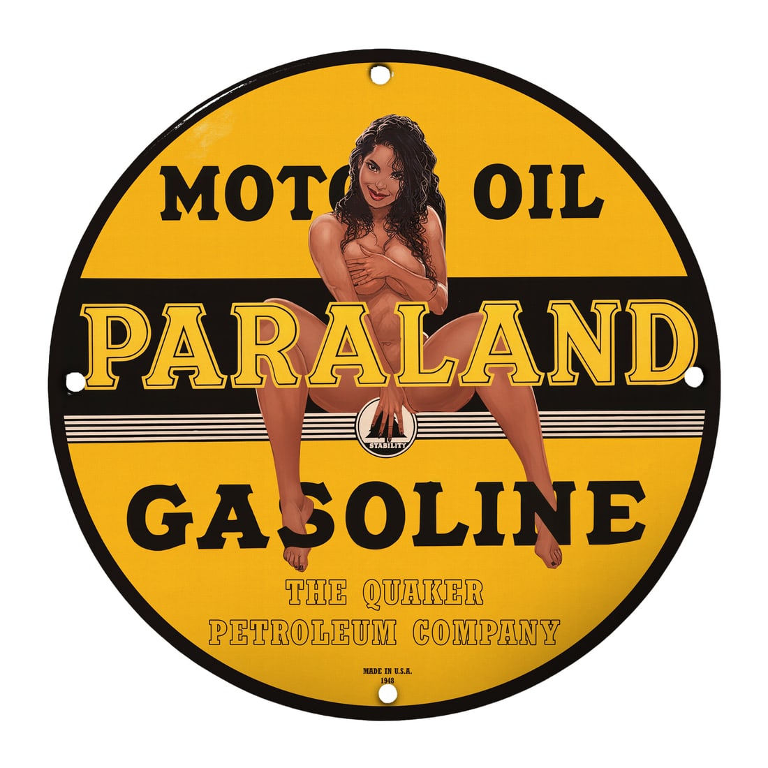 Vintage 12" Porcelain Pinup Girl Sign - Paraland Gasoline Collectible: Elevate your collection with this stunning 12-inch round porcelain sign featuring a captivating pinup girl design for Paraland Gasoline, a fictitious brand associated with the Quaker Petroleum Company