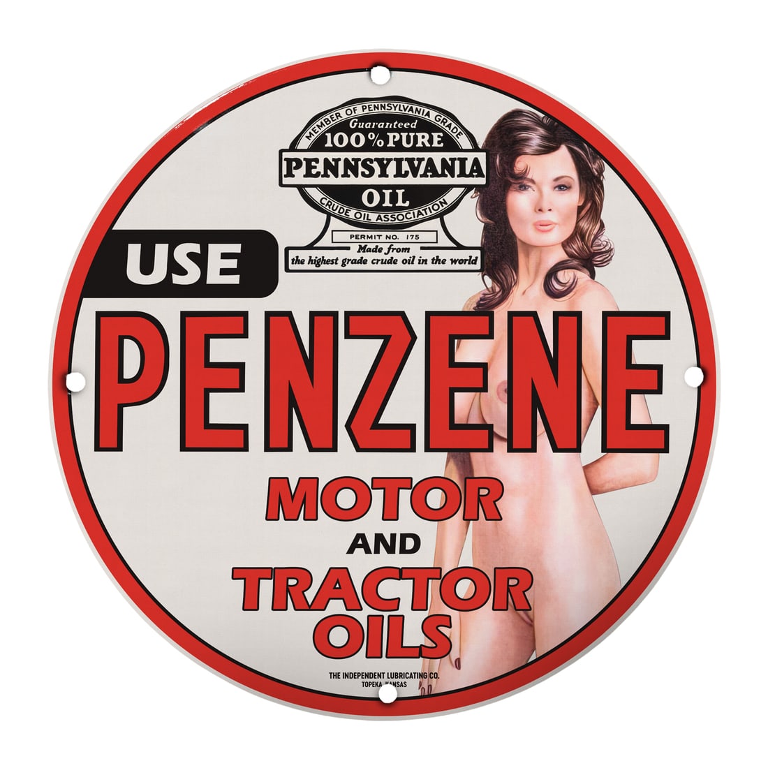 Vintage 12" Porcelain Pinup Girl Penzene Motor & Tractor Oils Sign - Collectible Decor: Transform your space with this stunning vintage-inspired 12-inch round porcelain sign featuring a captivating pinup girl design. Perfect for automotive enthusiasts, collectors, or anyone who appreciat