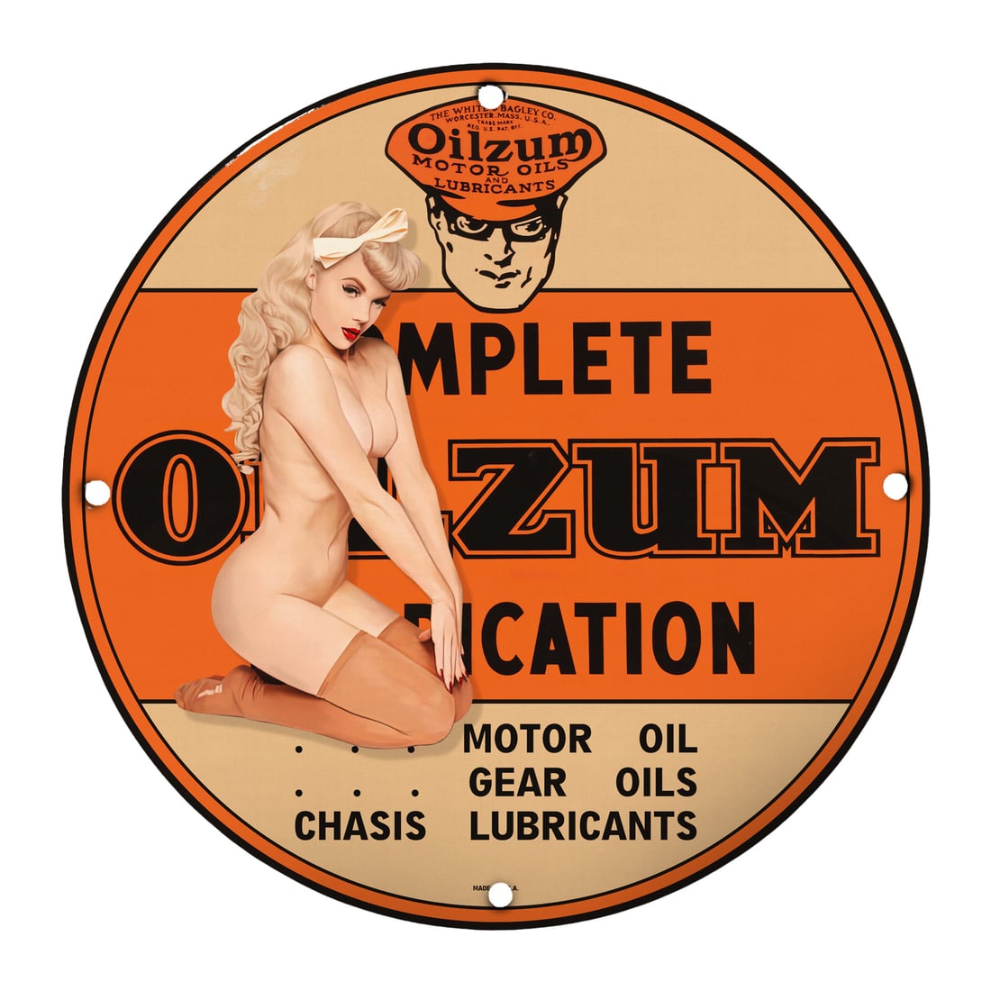 Vintage Oilzum Pin-Up Girl Porcelain Sign - Classic Automotive Decor: Elevate your automotive collection with this striking 12" round porcelain sign featuring a classic pin-up girl design. This Oilzum-themed piece blends vintage aesthetics with a playful vibe, making it