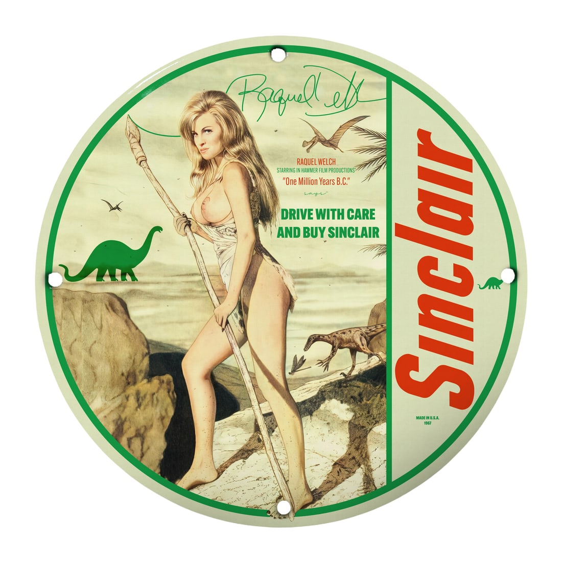 Vintage Raquel Welch Sinclair Gasoline Sign ? 12" Round Porcelain Pinup Art: Explore the timeless charm of this vintage 12-inch round porcelain sign featuring the iconic Raquel Welch, from the classic film "One Million Years B.C." This collectible art piece captures the essenc