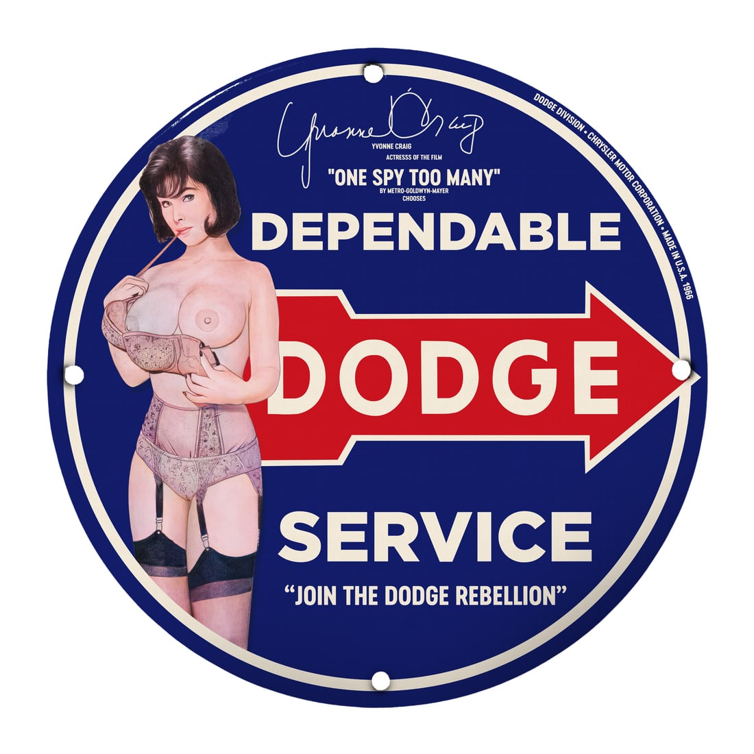 Vintage Pinup Girl Dodge Sign - Dependable Service - Classic Auto Decor: Discover the charm of classic automotive advertising with our Vintage Pinup Girl Dodge Sign. Measuring 12 inches in diameter, this round porcelain sign is a captivating piece of memorabilia featuring 