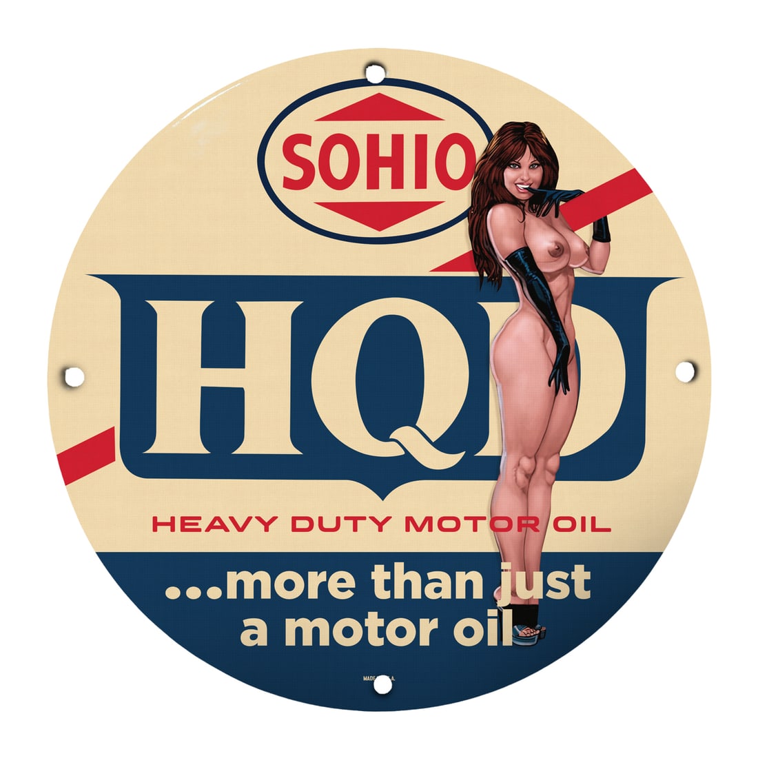 Vintage HQD Motor Oil Pinup Girl Porcelain Sign - 12" Round Retro Decor (1 of 1)