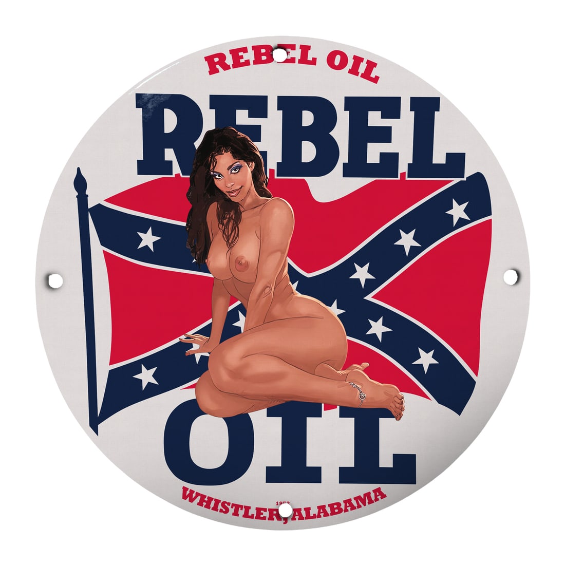 Vintage Rebel Oil Pinup Girl Sign - 12" Round Porcelain Decor for Collectors: This striking 12-inch round porcelain sign featuring a classic pinup girl design encapsulates a sense of nostalgia, making it the perfect addition to any vintage decor collection. The design prominent