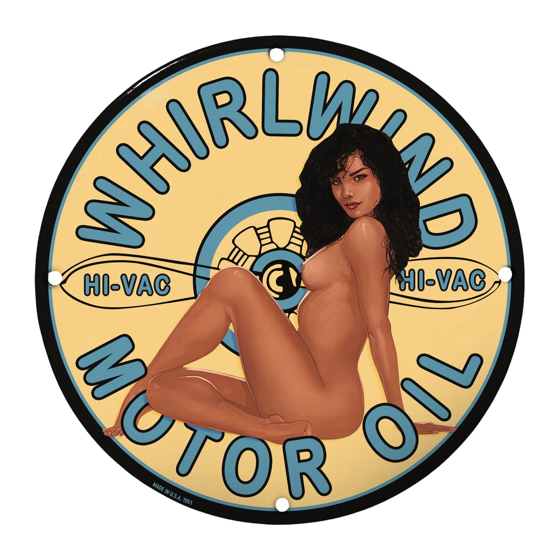 Whirlwind Motor Oil Pinup Girl Porcelain Sign - Vintage Art Decor: Introducing the captivating Whirlwind Motor Oil porcelain sign, a stunning addition to any vintage collection or automobile-themed decor. This eye-catching 12-inch round sign features a beautifully il