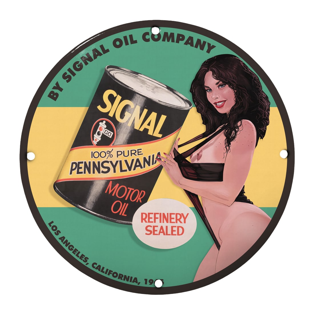 Vintage 12'' Porcelain Pinup Girl Sign - Signal Oil Company Motor Oil - Retro Art Decor: Elevate your home or garage decor with this stunning 12-inch round porcelain sign featuring a vintage pinup girl. Perfect for collectors of retro memorabilia or anyone who appreciates classic art, thi