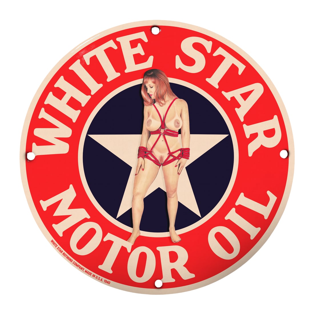 Vintage White Star Motor Oil Pinup Girl Sign - 12" Round Porcelain Display: Discover the allure of classic Americana with this stunning 12-inch round porcelain sign featuring a vintage pinup girl for White Star Motor Oil. Crafted with high-quality materials, this sign embodie