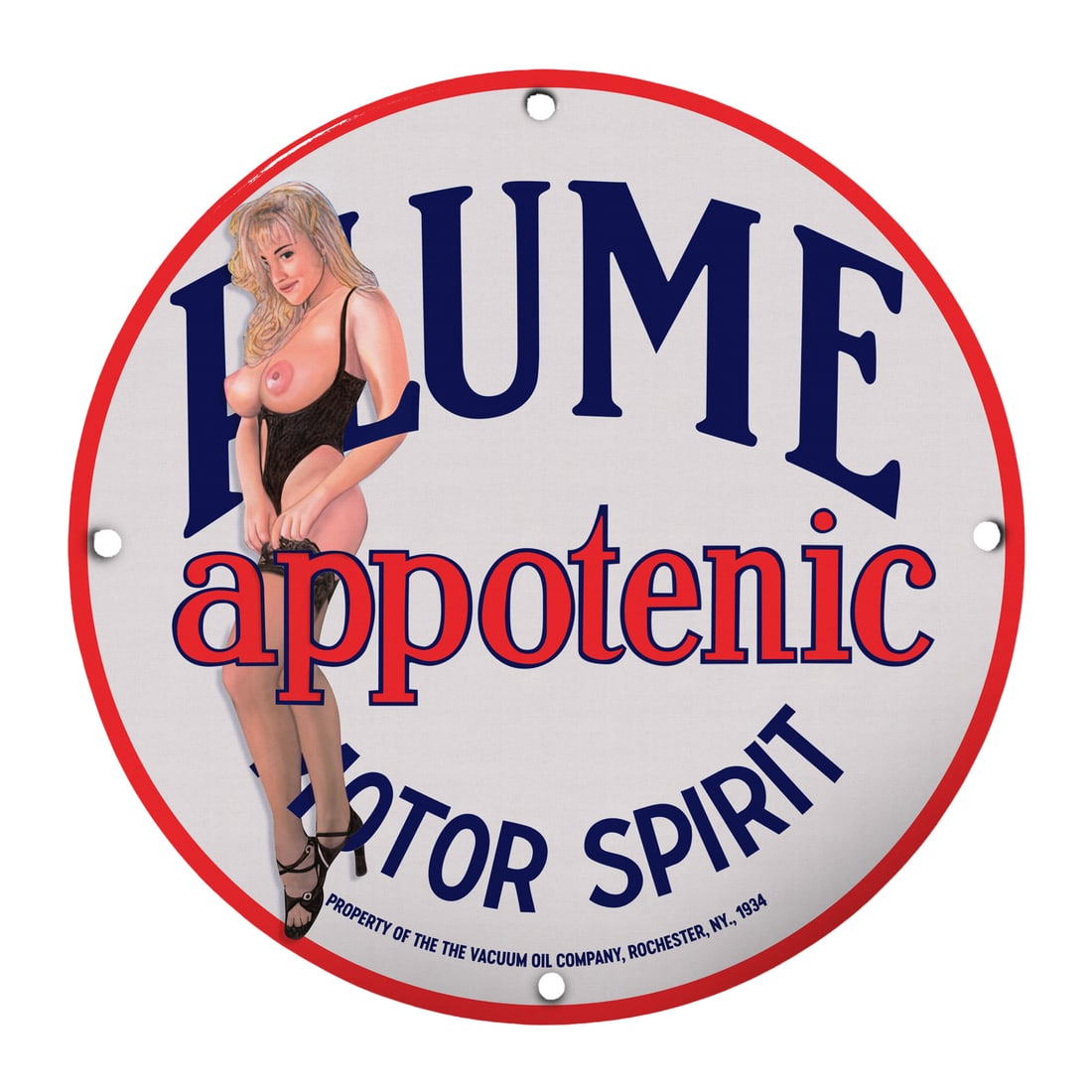 Vintage Pinup Girl Porcelain Sign - Plume Appotetic Motor Spirit: Discover an exquisite piece of art that bridges nostalgia with modern decor?a 12" round porcelain sign featuring a stunning pinup girl design. This striking sign represents the allure and charm charac