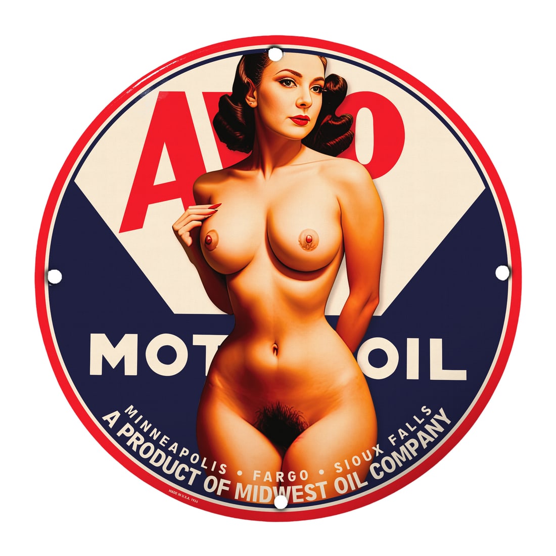 Vintage 12" Porcelain Pinup Girl Model Sign - Retro Motor Oil Advertising Art: Immerse yourself in nostalgia with this stunning 12-inch round porcelain pinup girl model sign, a true gem for collectors and enthusiasts of vintage Americana. This sign features an alluring pinup gir