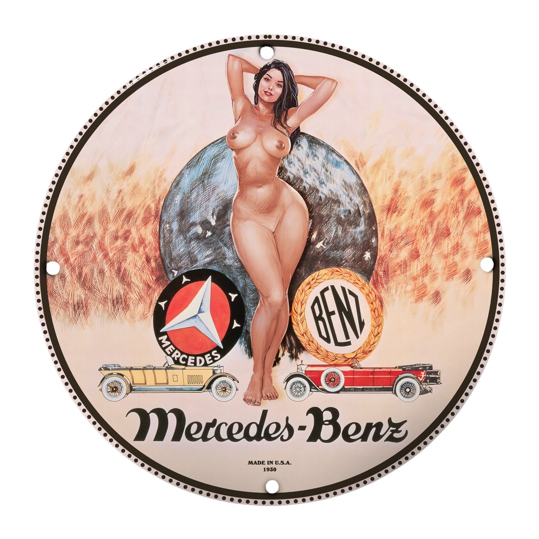 Vintage 12" Round Porcelain Pinup Girl Mercedes-Benz Sign - Retro Automotive Art: Dive into a nostalgic journey with this stunning 12-inch round porcelain sign, featuring a captivating pinup girl themed around the iconic Mercedes-Benz brand. Crafted with a keen eye for detail and q