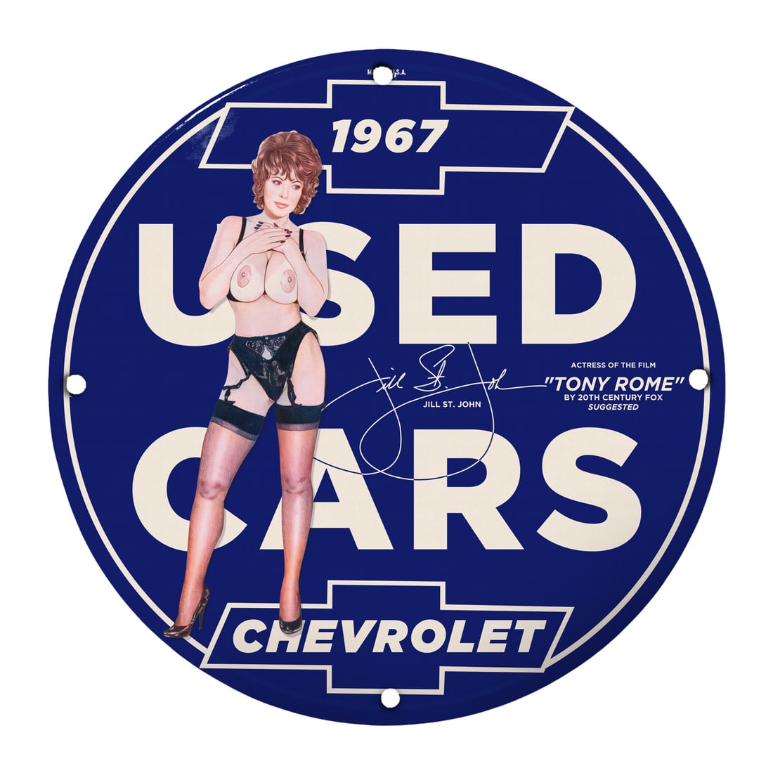 Vintage 1967 Pinup Girl Sign - Used Cars Chevrolet Collectible: Step back into the playful era of the 1960s with this stunning 12-inch round porcelain sign featuring a captivating pinup girl, Jill St. John. Iconic for its vibrant blue background and bold 'Used Car