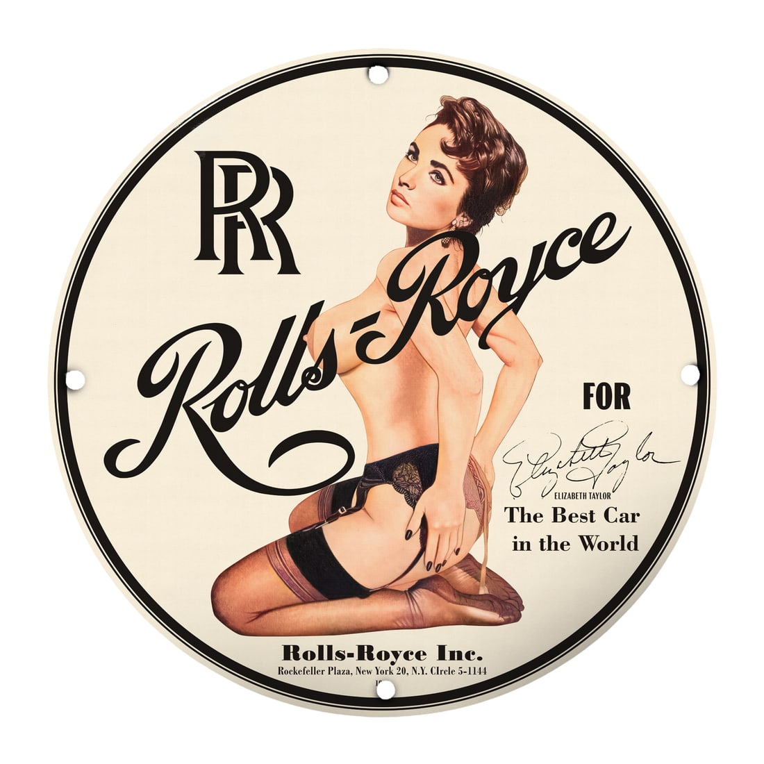 Vintage Rolls-Royce Pinup Girl Porcelain Sign - A Classic Collector's Item: This stunning 12" round porcelain sign featuring a pinup girl elegantly showcases the iconic Rolls-Royce brand, making it a must-have for vintage car enthusiasts and collectors alike. The design refle