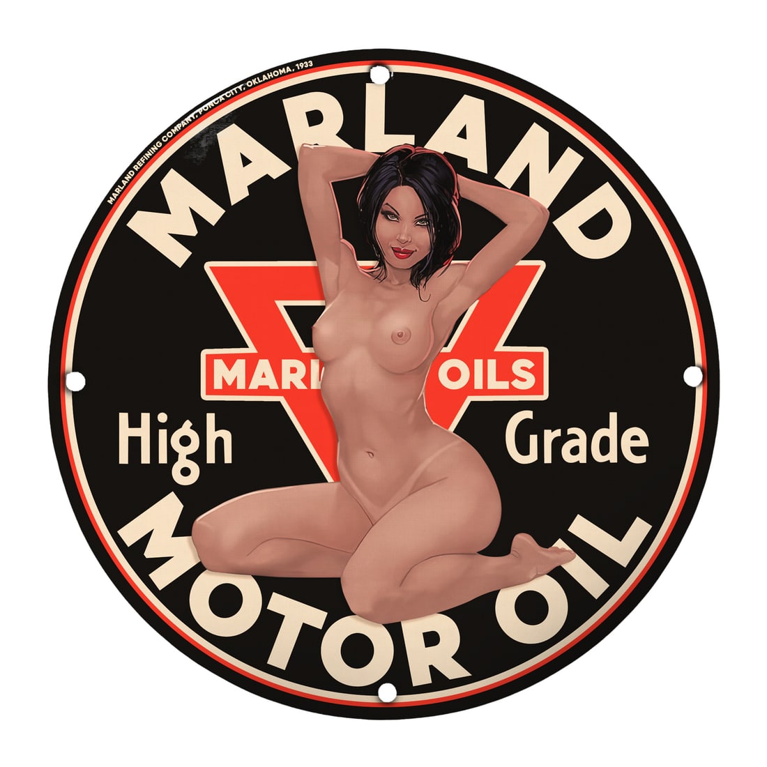 Vintage Marland Motor Oil Pinup Girl Porcelain Sign - High Grade Decor: Elevate your collection with this stunning 12-inch round porcelain sign featuring a classic pinup girl design, perfect for automotive enthusiasts and vintage decor fans alike. Crafted with meticulous 