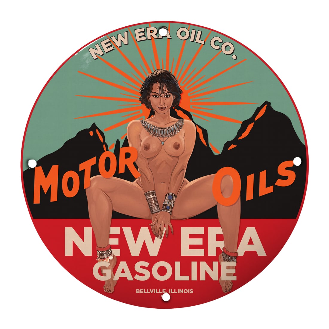 Vintage 12" Porcelain Pinup Girl Sign - New Era Oil Co. Motor Oils: Elevate your space with this striking 12-inch round porcelain sign featuring an alluring pinup girl, expertly capturing the essence of vintage Americana. The New Era Oil Co. sign showcases vibrant col