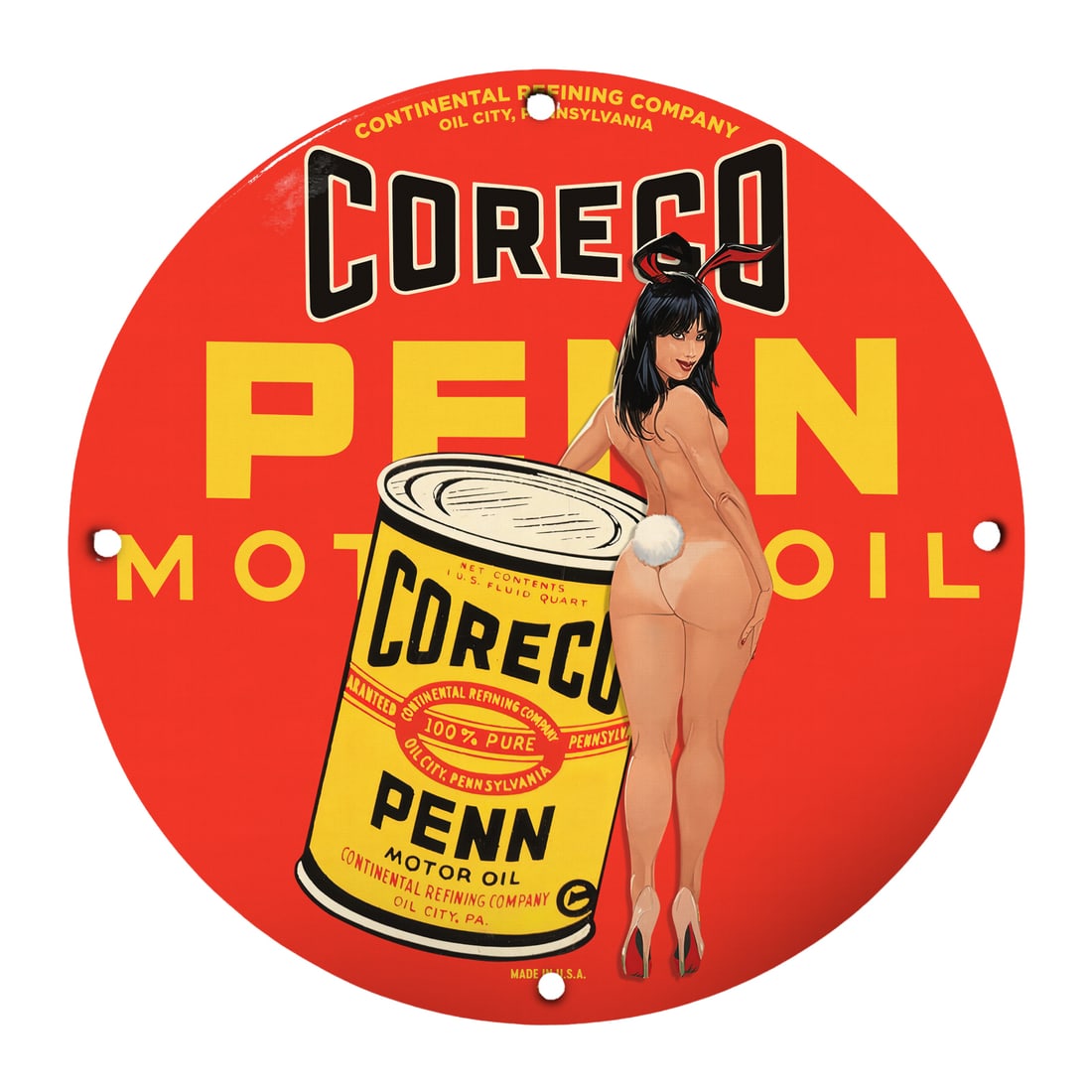 Vintage Pinup Girl Porcelain Sign - Coreco Penn Motor Oil - Retro Wall Art (1 of 1)