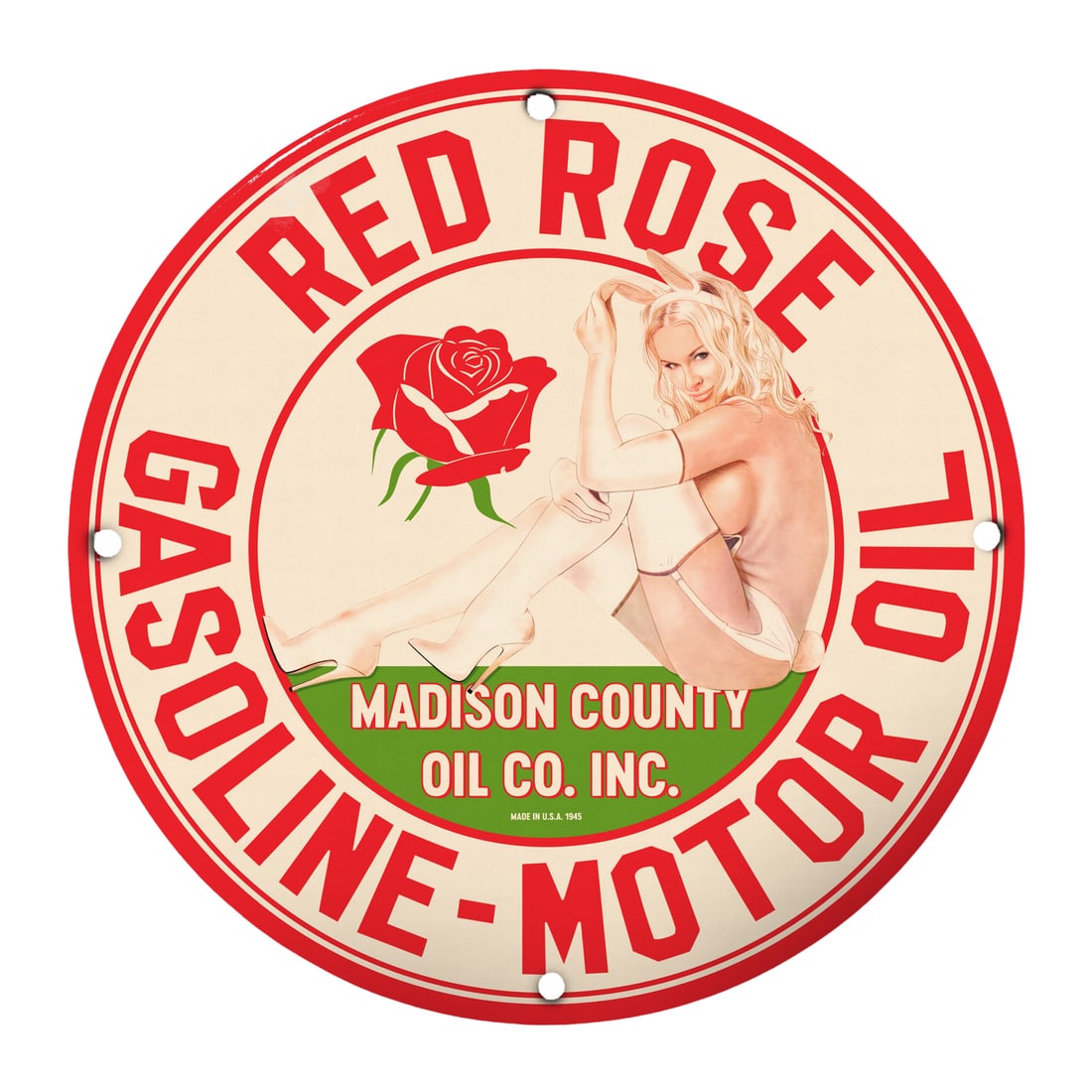 Vintage 12-Inch Porcelain Pinup Girl Sign - Red Rose Gasoline Motor Oil: Explore a piece of history with this stunning 12-inch round porcelain sign featuring a classic pinup girl design that captures the essence of mid-20th century Americana. The 'Red Rose Gasoline Motor O