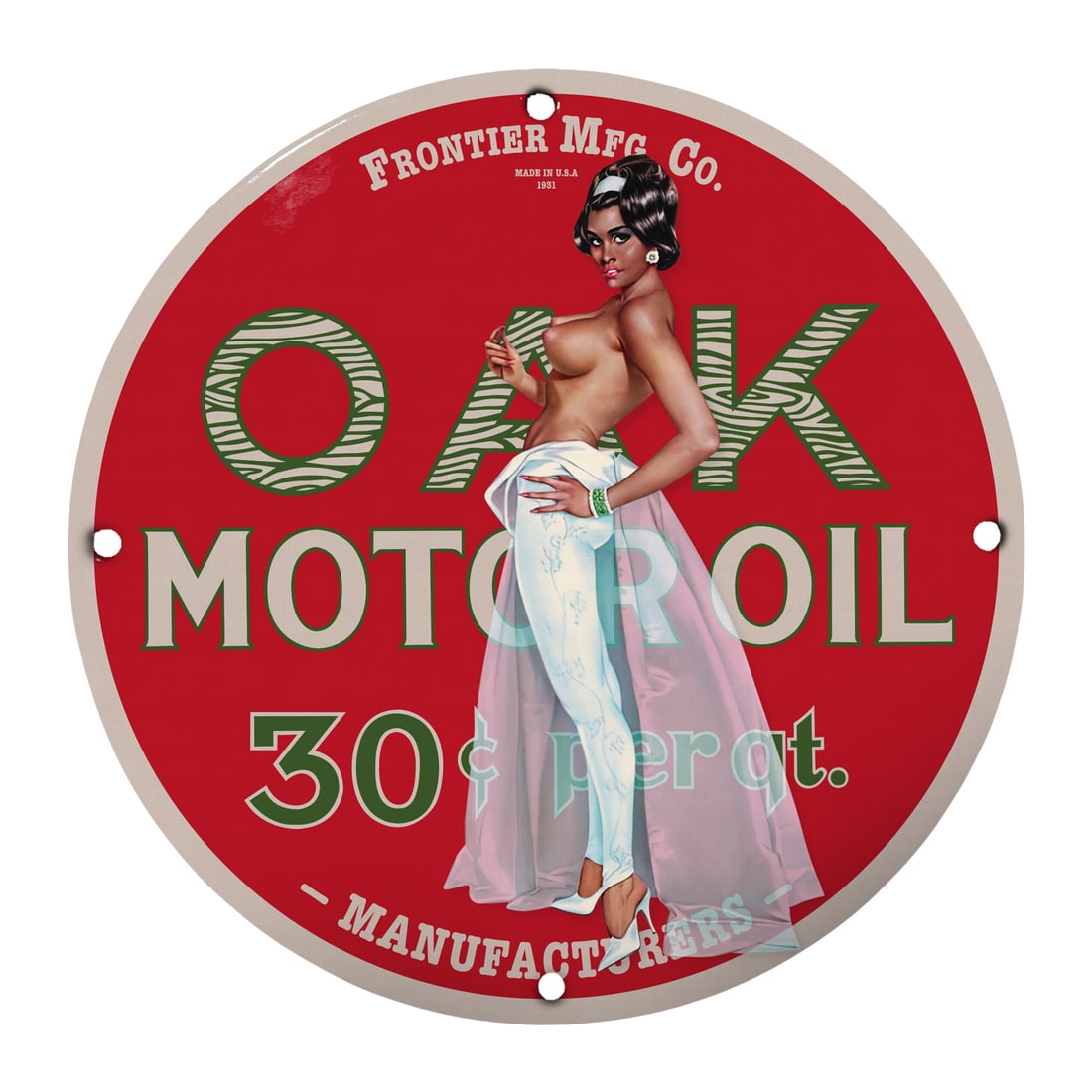 Vintage 12-inch Porcelain Pinup Girl Sign - Oak Motor Oil: Discover the allure of vintage decor with this stunning 12-inch round porcelain sign featuring a classic pinup girl design promoting Oak Motor Oil. Crafted to perfection, this collectible piece captur