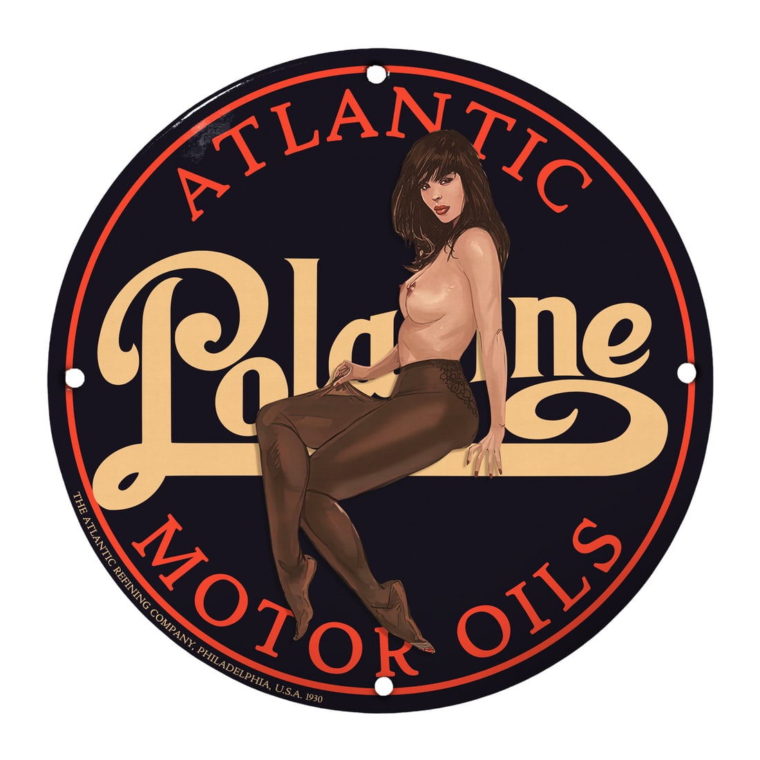 Vintage Atlantic Motor Oils Pinup Girl Porcelain Sign: Step back in time with this exquisite 12-inch round porcelain sign featuring the alluring pinup girl from Atlantic Motor Oils. This retro-inspired artwork captures the essence of vintage advertising a