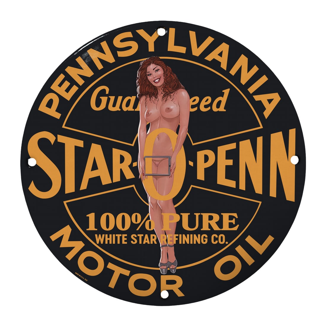 Vintage 12" Round Porcelain Pinup Girl Gasoline Sign - Star-O-Penn Motor Oil: Elevate your collection with this stunning 12-inch round porcelain sign featuring a captivating pinup girl design promoting Star-O-Penn motor oil by White Star Refining Co. This unique piece blends no