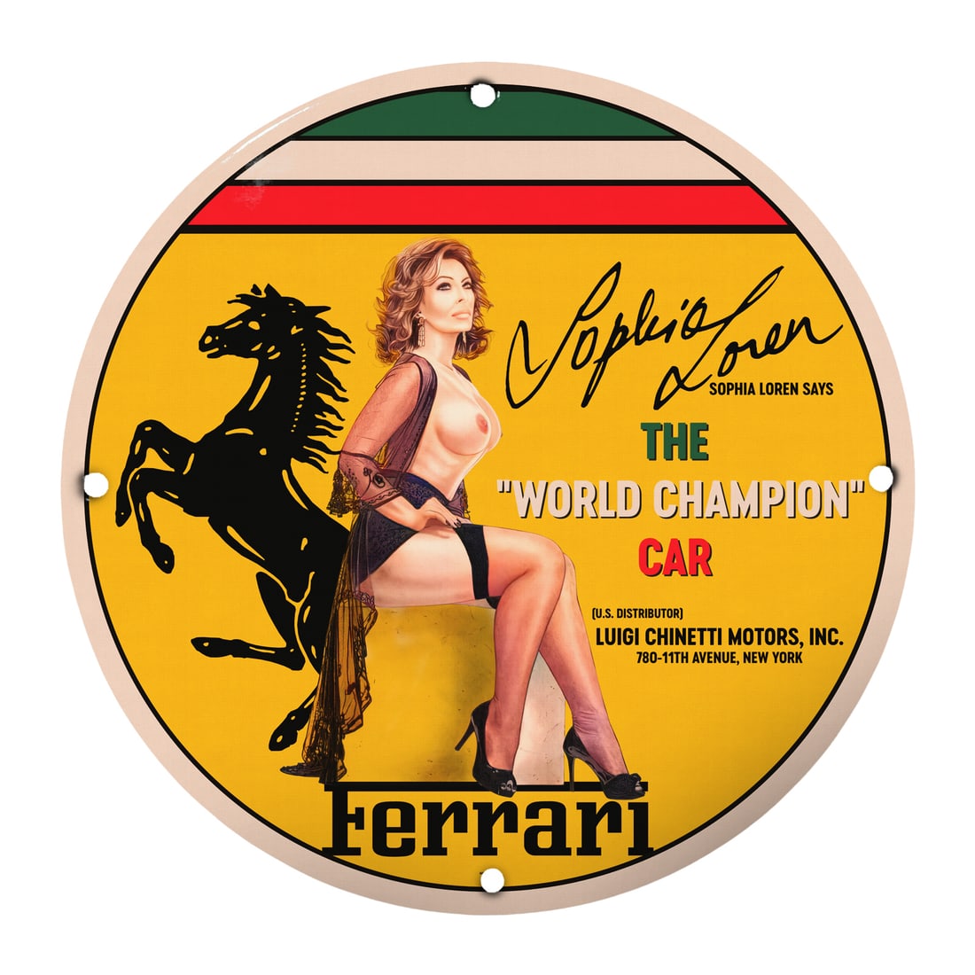 Sophia Loren Ferrari Pinup Model Sign - Classic Vintage Porcelain Art (12"): Elevate your space with this stunning 12-inch round porcelain sign featuring the iconic pinup model Sophia Loren, beautifully rendered alongside the legendary Ferrari logo. A perfect blend of vintage 