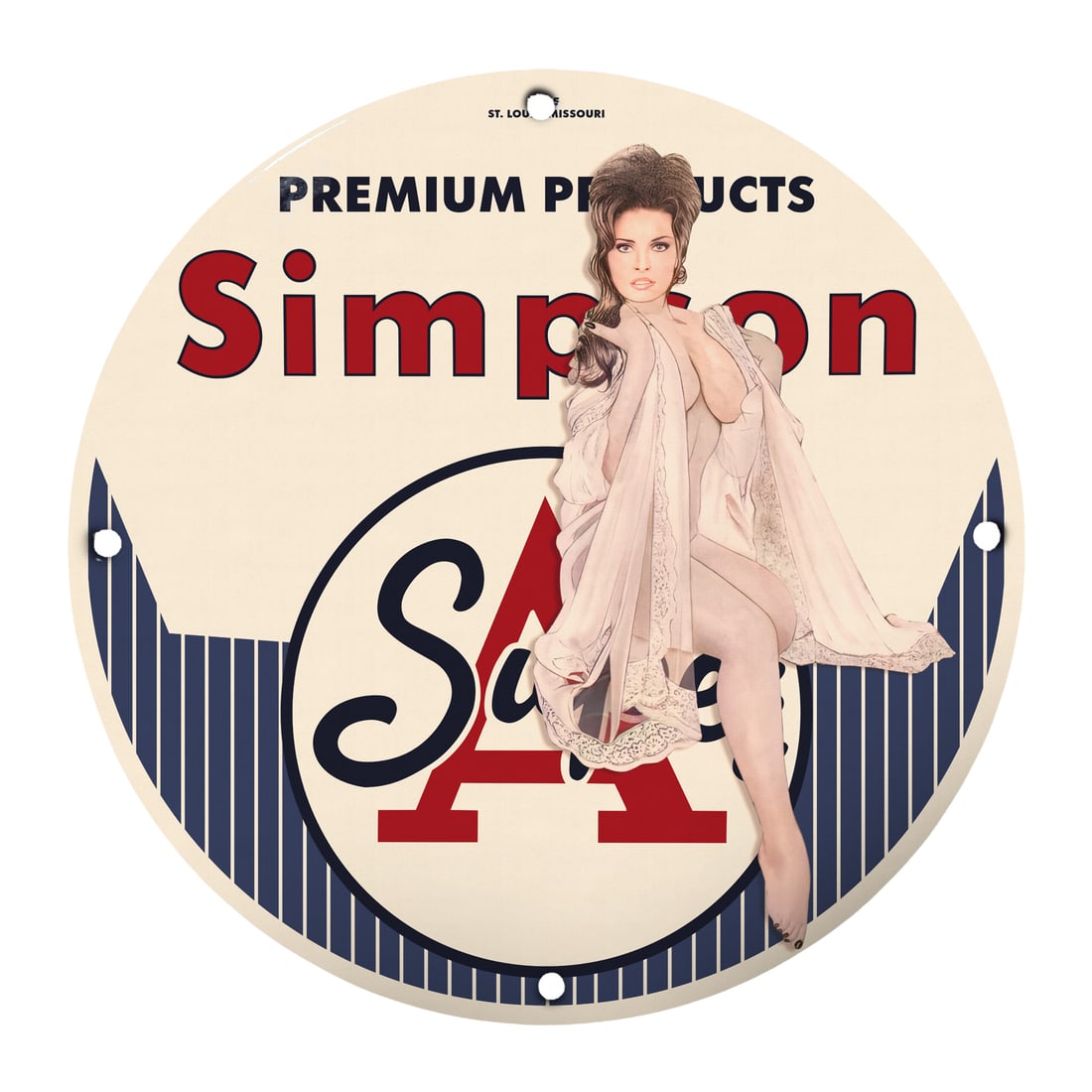 Vintage Pin-Up Girl Porcelain Sign - Simpson Premium Products Decor: Step into a nostalgic era with this exquisite 12-inch round porcelain pin-up girl model sign featuring the captivating imagery of a classic pin-up beauty. Hailing from the iconic Simpson Premium Produ