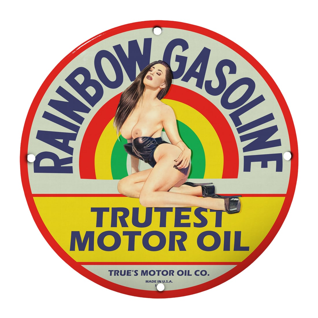 Vintage Rainbow Gasoline Pinup Sign - 12" Porcelain: Discover a piece of collectible art with our 12-inch round porcelain sign featuring the captivating Rainbow Gasoline design. This vintage-style sign prominently displays a stunning pinup girl, embodyi