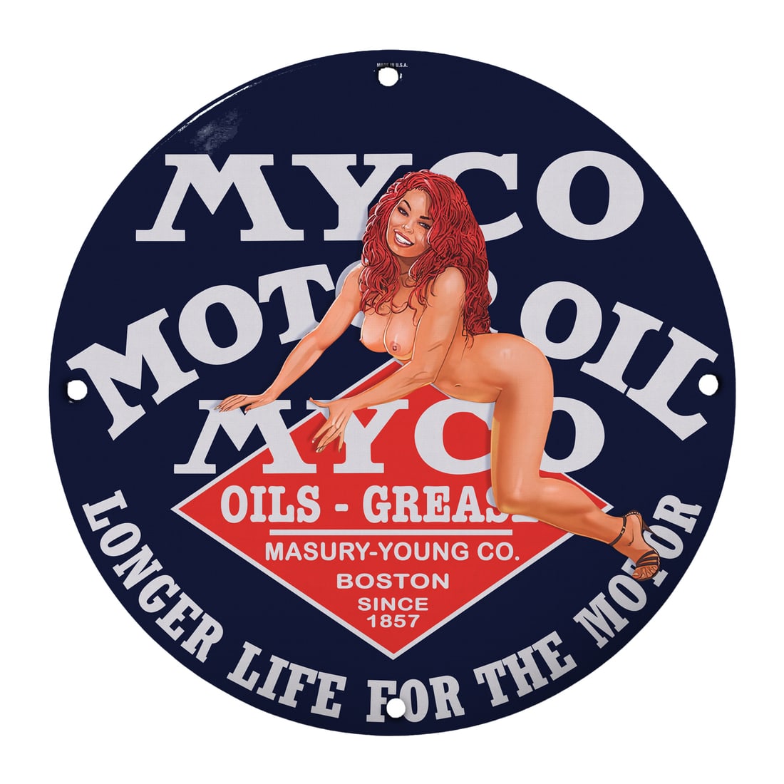 Vintage Myco Motorcycle Oil Porcelain Pinup Girl Sign - Classic Garage Decor: Discover the allure of nostalgia with our 12-inch round porcelain sign featuring a classic pinup girl design for Myco Motorcycle Oil. This beautifully crafted sign not only adds a touch of retro charm
