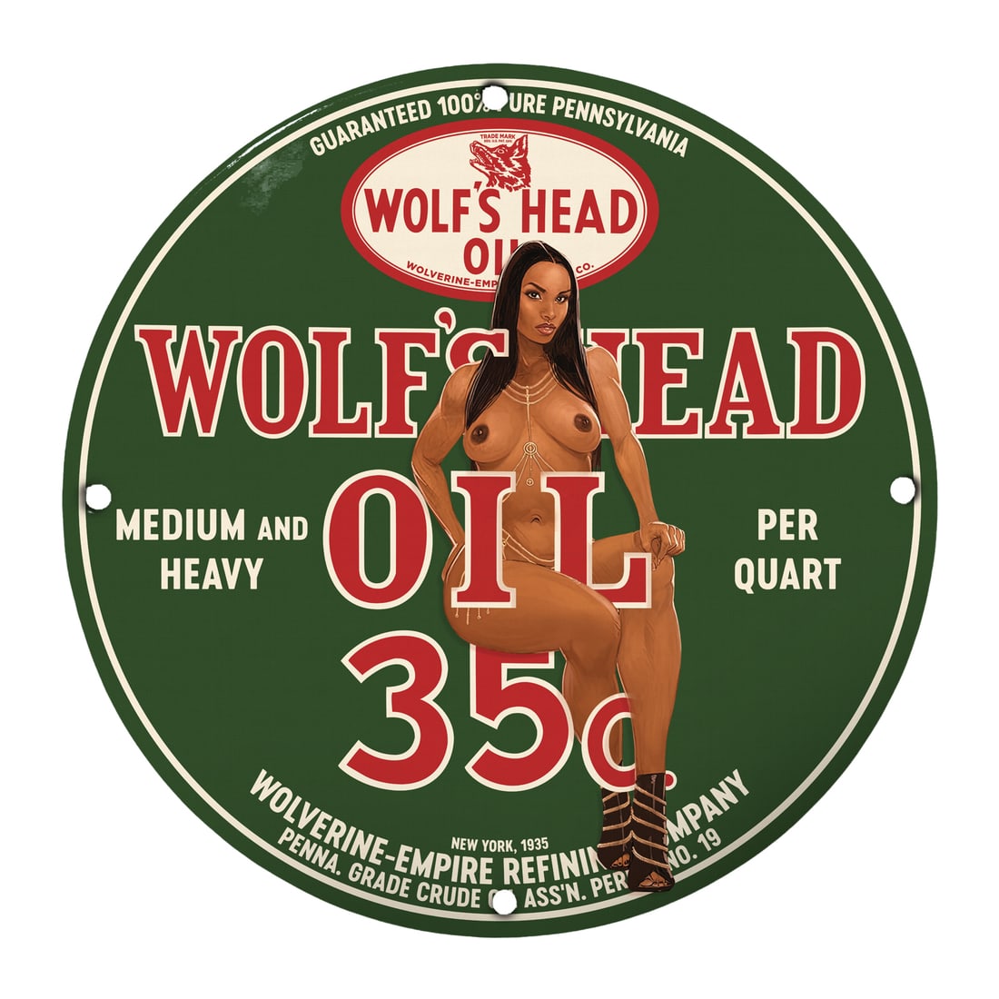 Vintage 12" Porcelain Pinup Girl Wolf's Head Oil Sign - Classic American Decor: Step back in time with this iconic 12-inch round porcelain sign featuring a gorgeous pinup girl, a striking emblem of vintage Americana aesthetics. The artful depiction of the pinup coupled with the n