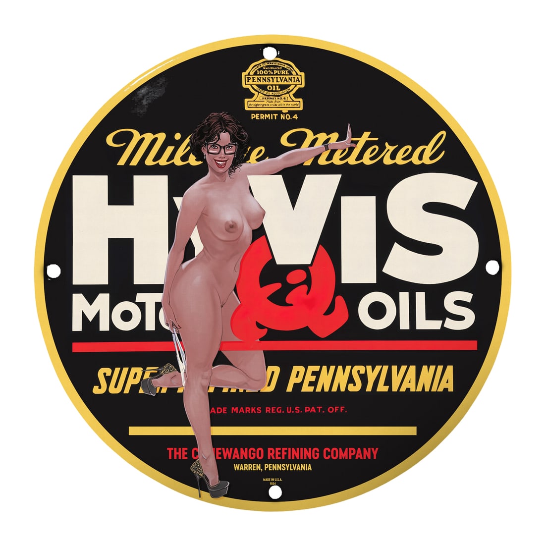Vintage 12" Round Porcelain Pinup Girl Sign - Havis Motor Oils Collectible Art: Discover a stunning piece of nostalgia with this vintage 12-inch round porcelain pinup girl sign featuring a striking design that celebrates classic Americana. This particular sign showcases a beautif