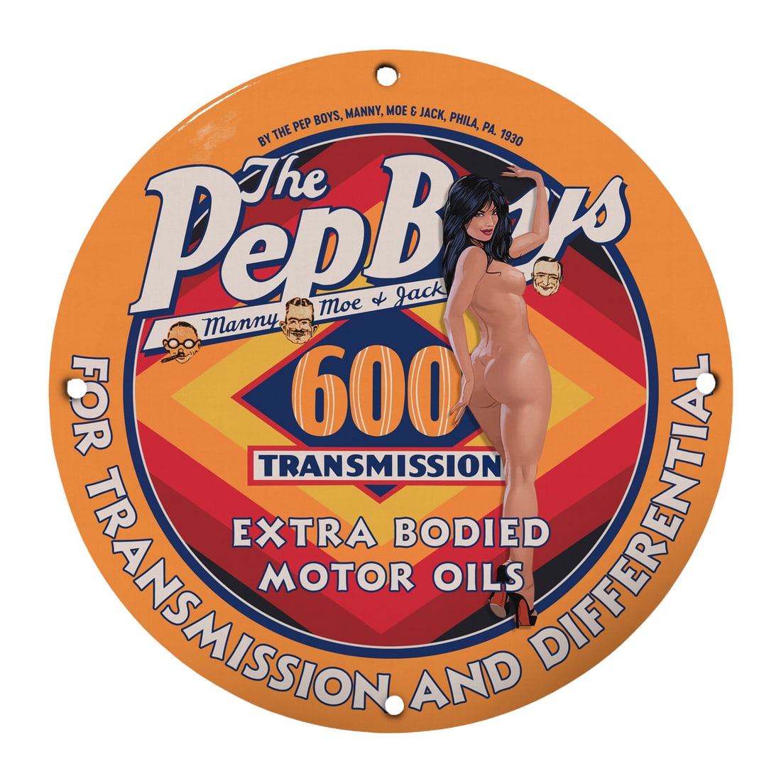 Vintage Pep Boys Pin-Up Girl Porcelain Sign ? Classic Automotive Art for Collectors: This stunning 12-inch round porcelain sign features a nostalgic pin-up girl illustration representing the mid-20th century automotive culture. Perfect for car lovers, collectors, and those who appreci