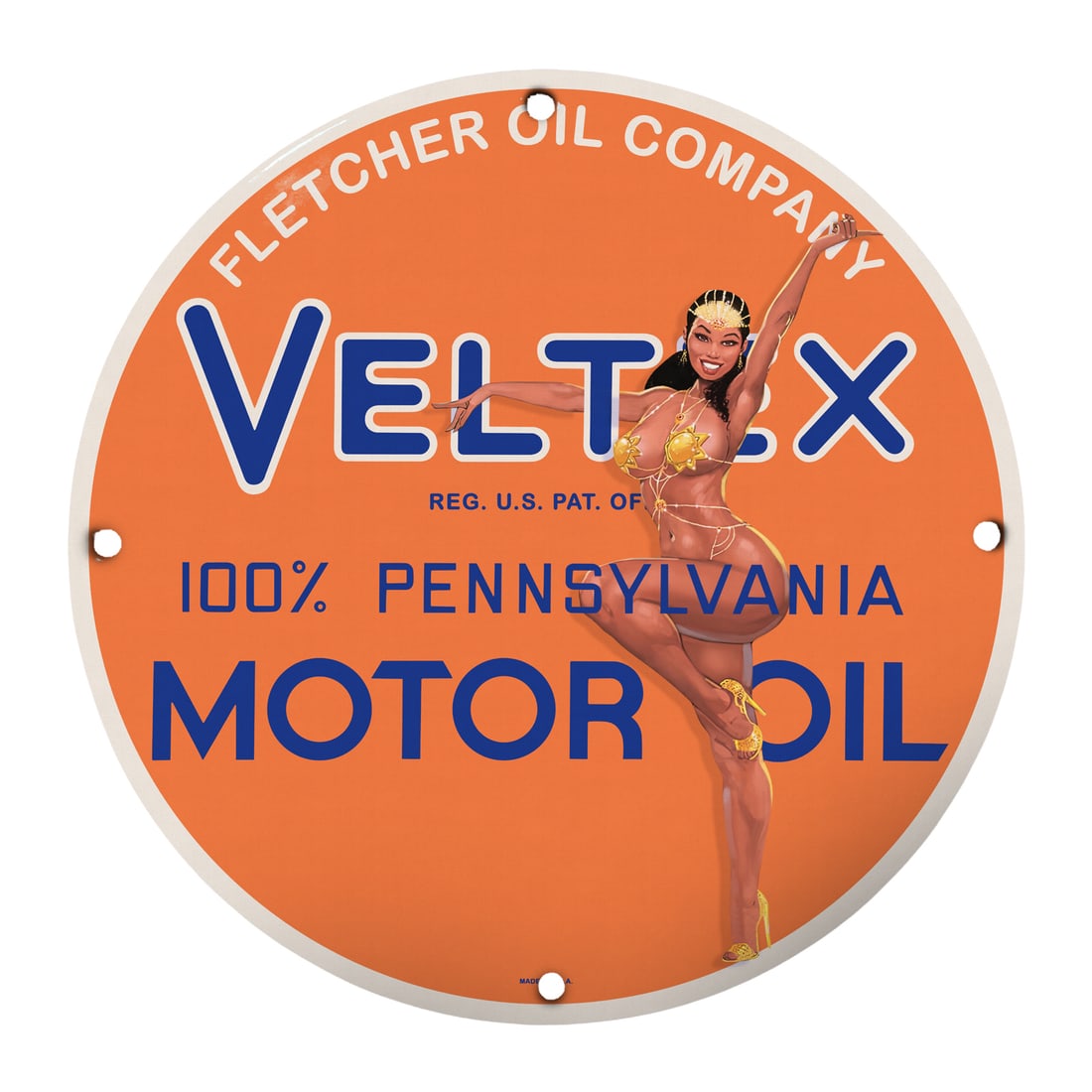 Vintage Veltex Motor Oil Pinup Girl Porcelain Sign ? 12" Round Classic Decor: Enhance your collection with this stunning 12-inch round porcelain Veltex Motor Oil sign featuring an enchanting pinup girl design. Perfect for vintage enthusiasts, car lovers, or anyone who appreciat