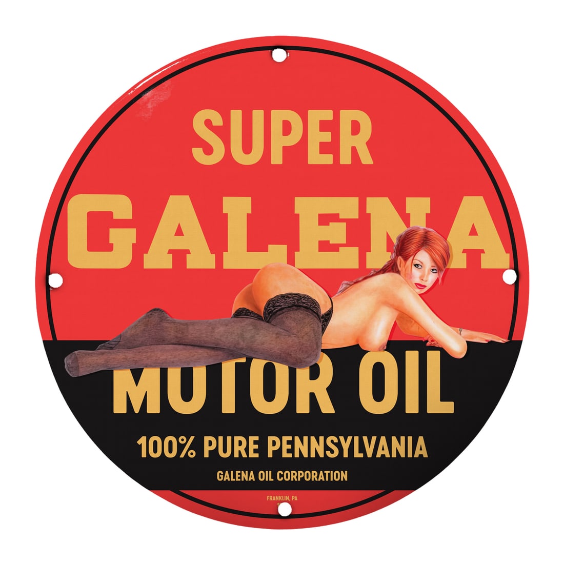 Vintage 12" Round Porcelain Pinup Girl Sign for Galena Motor Oil - 100% Pure Pennsylvania: This stunning 12-inch round porcelain sign captures a classic pinup girl in a playful pose, representing the retro charm of mid-20th century advertising. This unique piece features the iconic branding